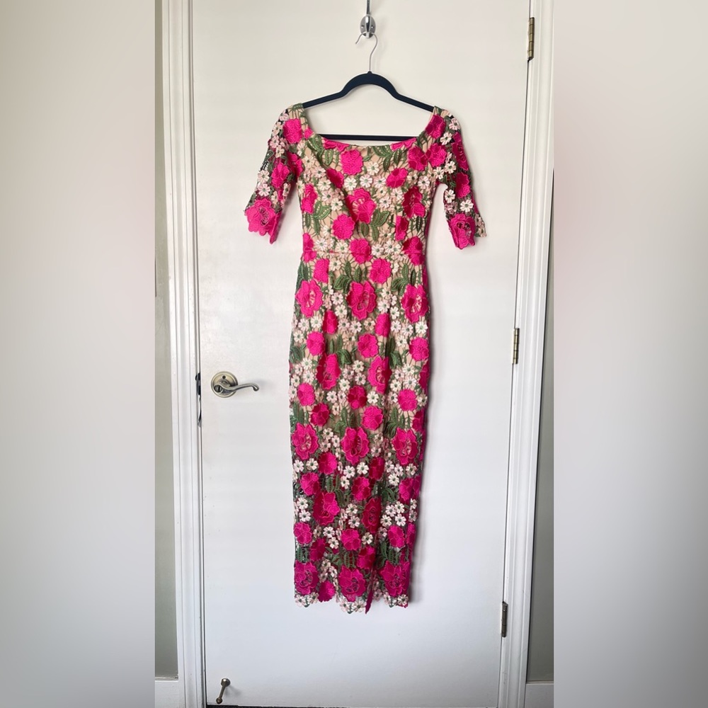 Maximalist Embroidered Xscape Pink Floral Midi Dress